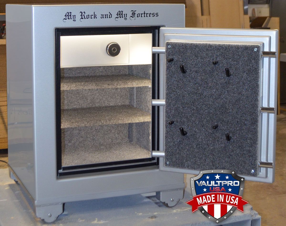 Open safe with textured interior and open door, gray metal exterior, Made in USA badge