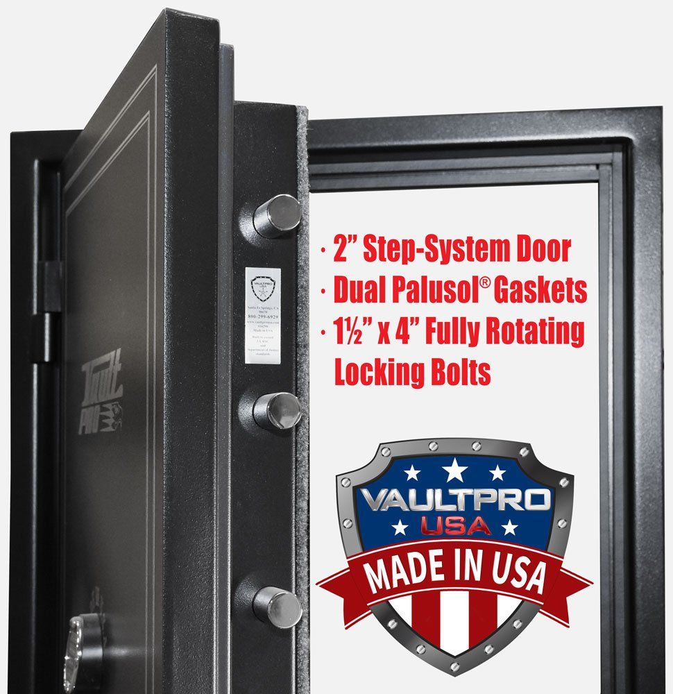 Open black safe door with silver locking bolts and red VaultPro USA branding.