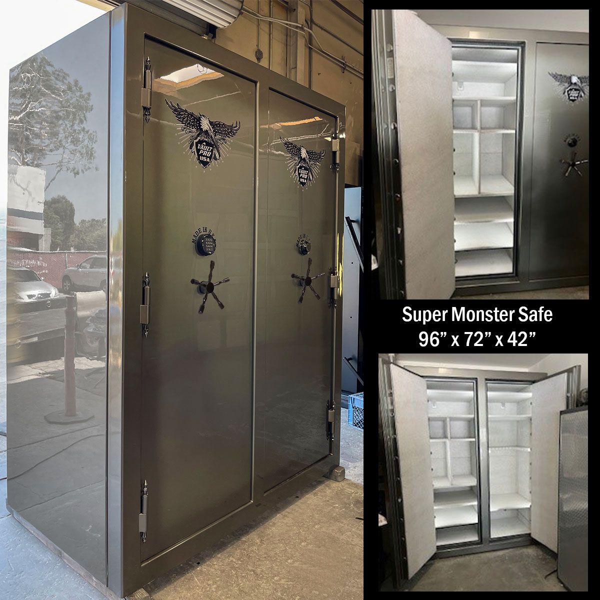 Large gray gun safe with open door in a store, inset showing the interior and “Super Monster Safe” label.