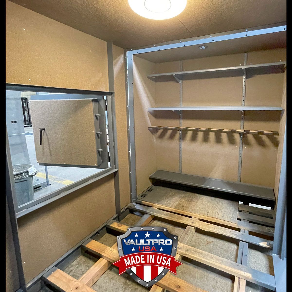 Small unfinished closet with shelves, hanging rod, and construction materials on the floor