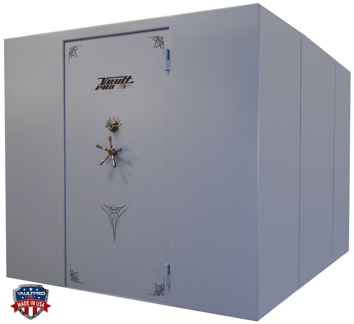 Large gray metal safe with a silver wheel lock, shown at an angle against a white background
