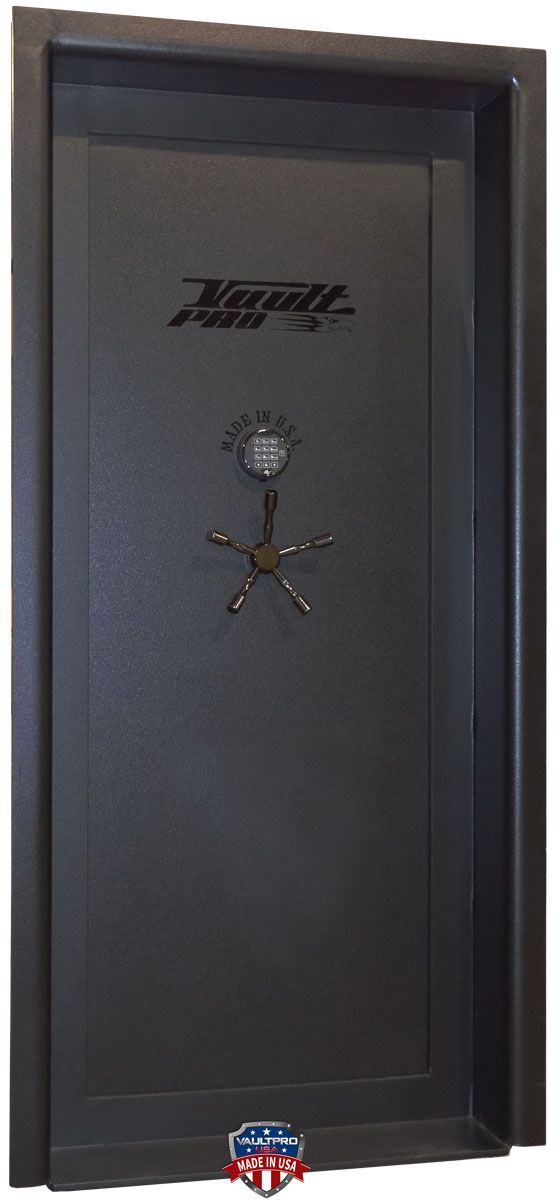 Dark gray heavy metal vault door with a central lock and logo near the top