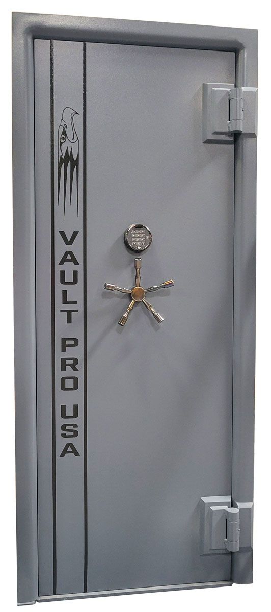 A gray vault door with 