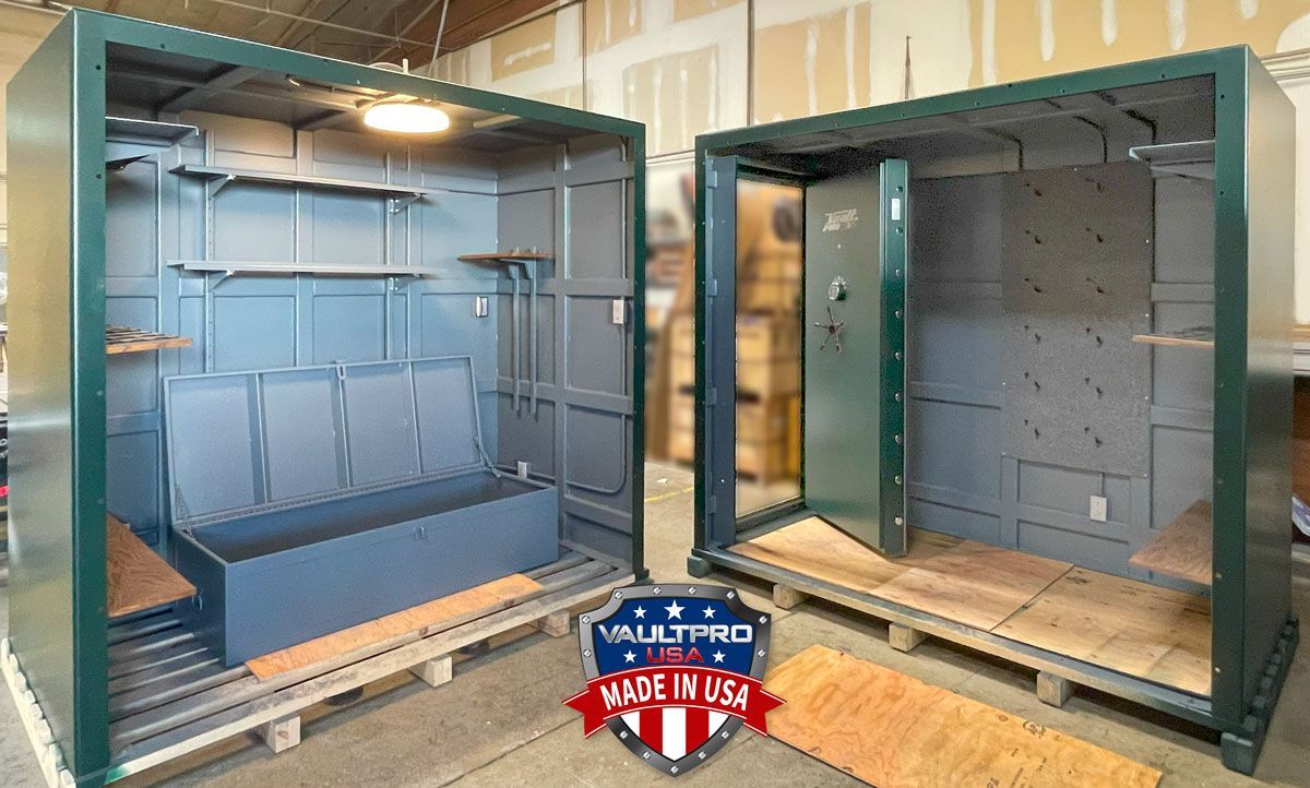 Two large open metal storage containers, one blue-lined and one gray, displayed side by side.