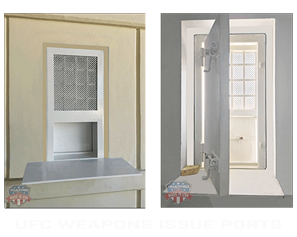 Two white UFC weapons issue ports, one closed, one open, against an American flag background.