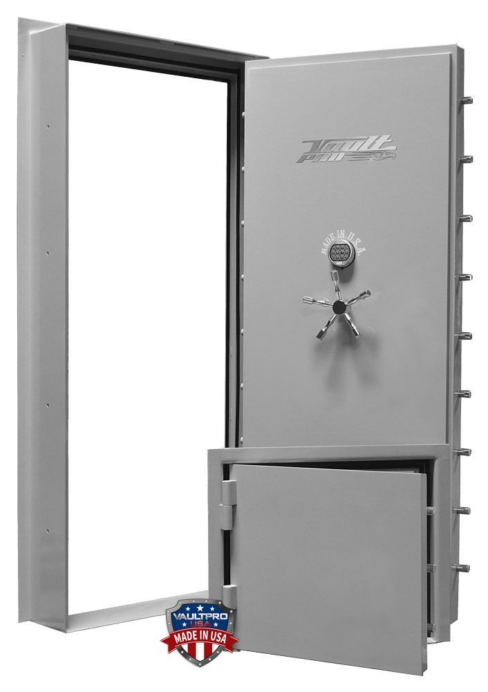 Open gray safe door with combination lock and bolts, showing the interior frame