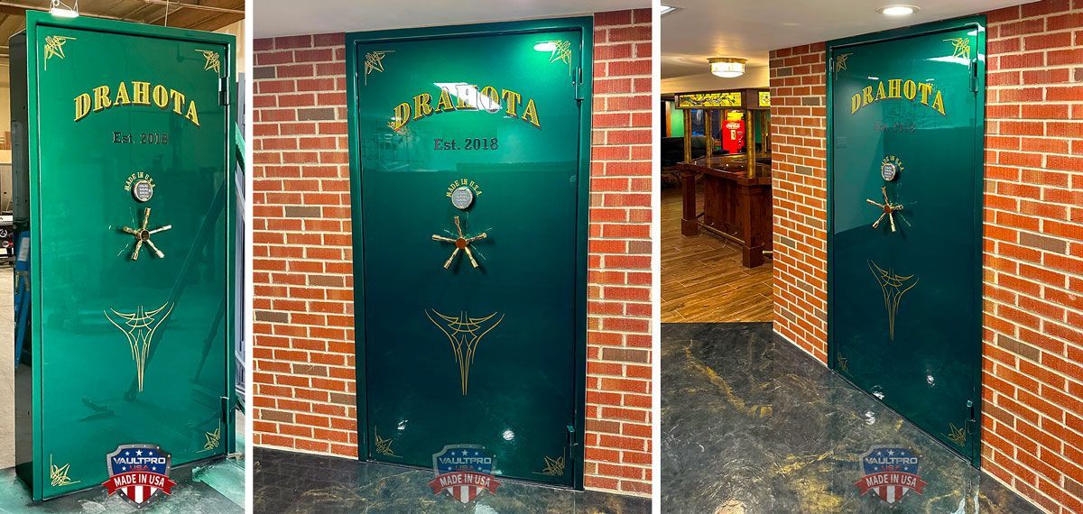Image of Custom vault door in Meadow Green gloss finish with custom name and date on door. Shows door at factory and in customer residence. Made in America by Vault Pro USA