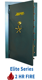 Green steel fireproof safe door with lock and text “Elite Series 2 HR FIRE”
