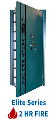 Teal metal door labeled “VAULT PROSA,” with “Elite Series” and “2 HR FIRE” text below