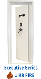 White security door with safe handle and “Executive Series 1 HR FIRE” text below