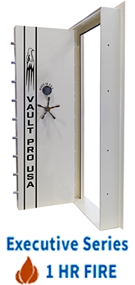 White vault door with “VATRUOSA” text, shown open; “Executive Series 1 HR FIRE” branding at bottom.