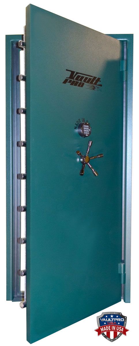 Teal security vault door with a combination lock and heavy steel frame
