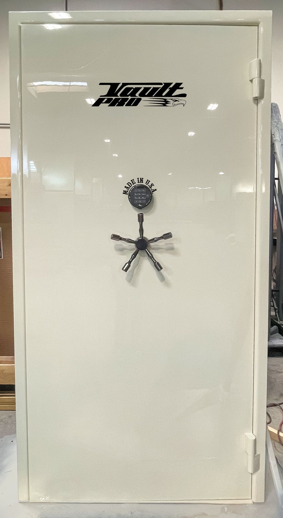 ballistic resistant vault door in Wimbledon white gloss finish. 