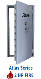 Gray Atlas Series fireproof safe with open door, labeled “2 HR FIRE” on white background