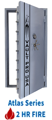 Gray vault door labeled “VAULT PRO-USA,” with “Atlas Series” and “2 HR FIRE” text below.
