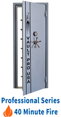 Gray steel vault door with vertical “VAULT PROOF” text and “Professional Series 40 Minute Fire” label below