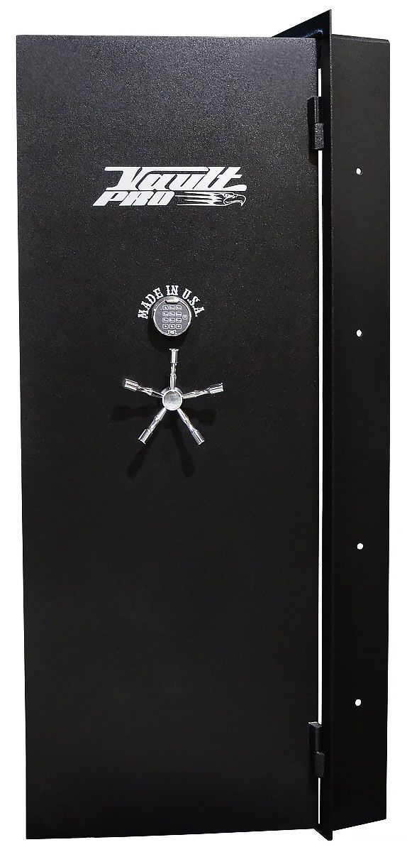 Black gun safe with a silver wheel handle and open door against a white background