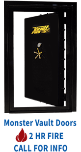Black Monster Vault fire door ad with “2 HR FIRE,” “CALL FOR INFO,” and blue text on white background