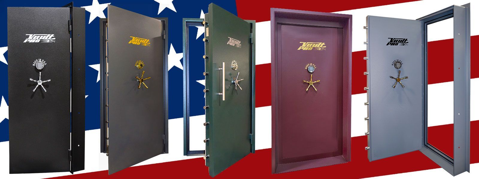 Several open lockers in black, green, red and gray on a patriotic red-white-blue background