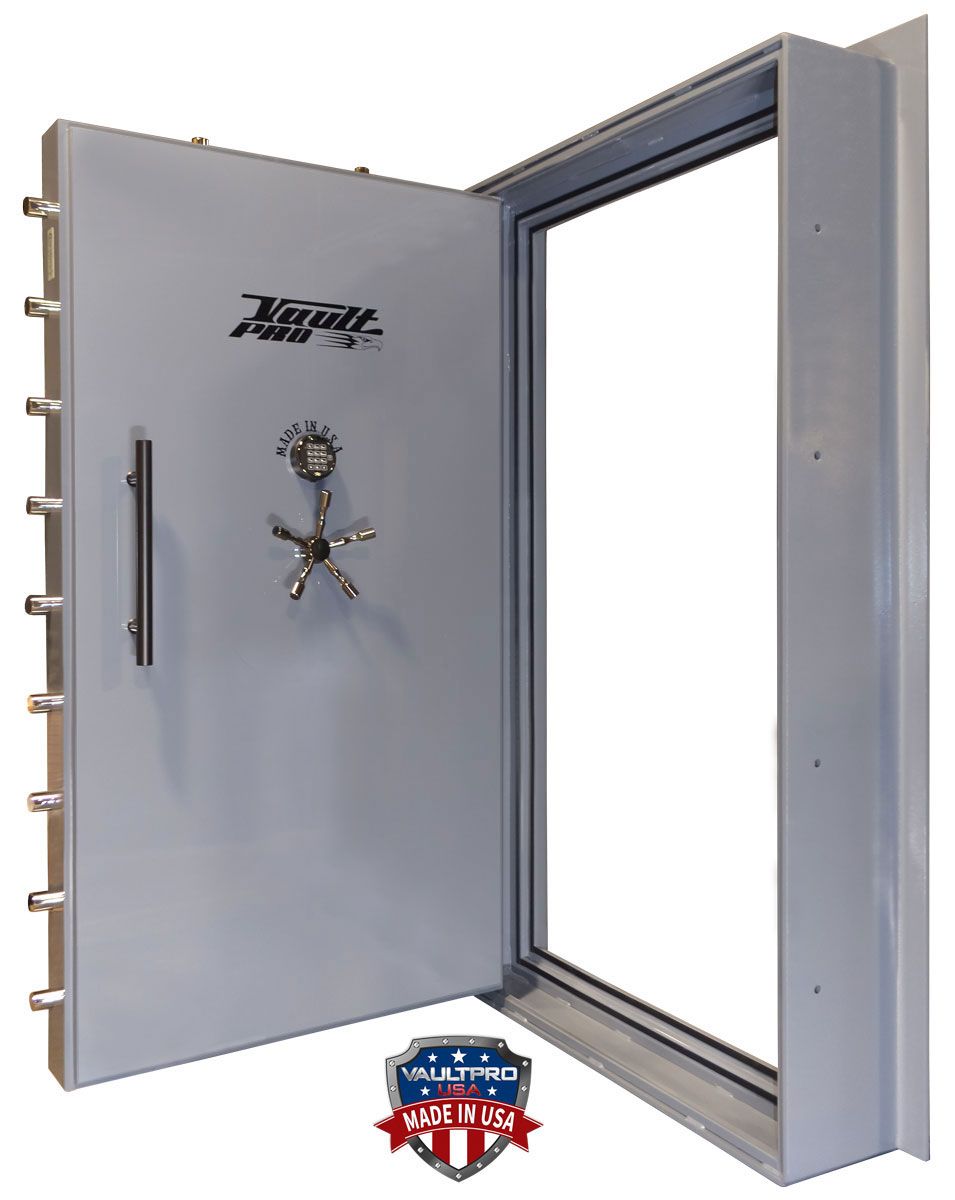 Gray open safe door with locking bolts and handle, shown in profile