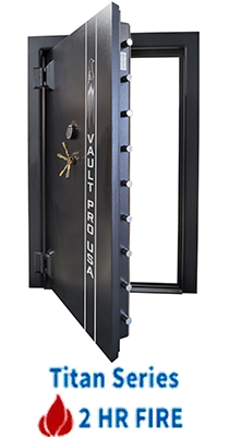 Black Titan Series safe door open on white background, labeled “2 HR FIRE”