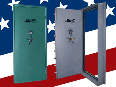 Three open gun safes in teal, gray, and blue against a patriotic stars-and-stripes background