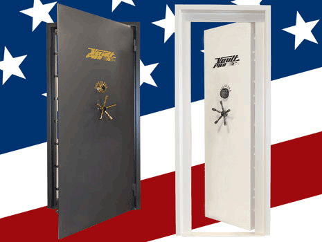 Two safes, one black and one white, displayed against a red, white, and blue American flag background.