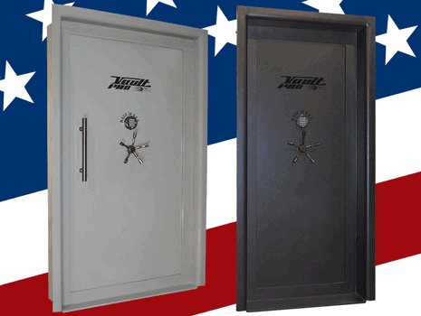 Two tall steel safes, one light gray and one black, on a red, white, and blue background