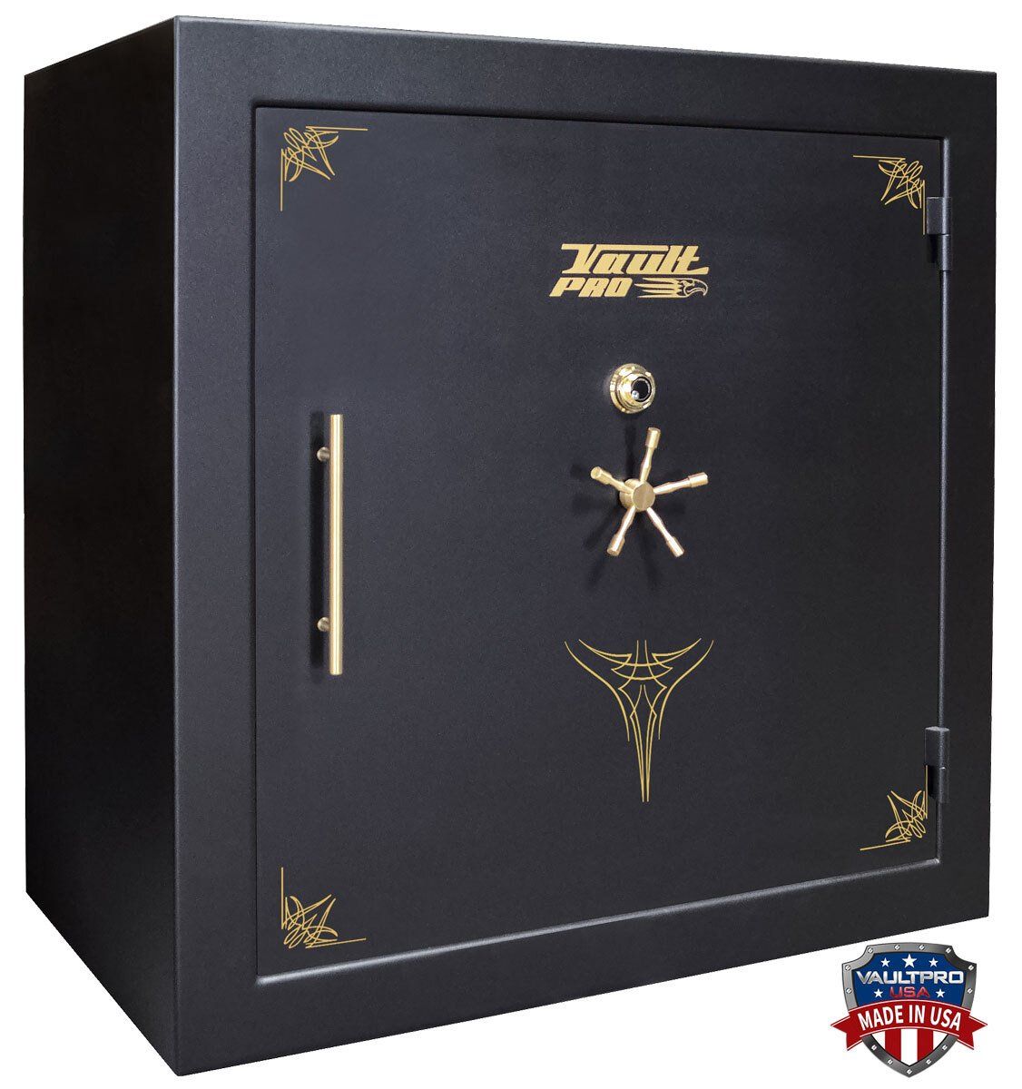 A black and gold safe made in the USA