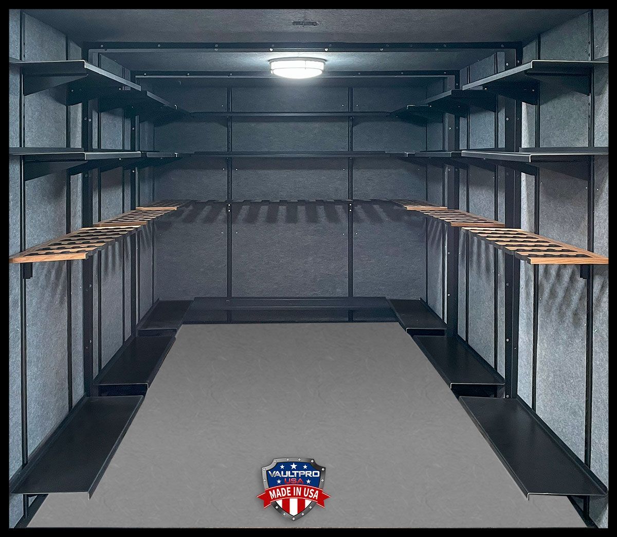 Gun room interior with long gun racks and lighting