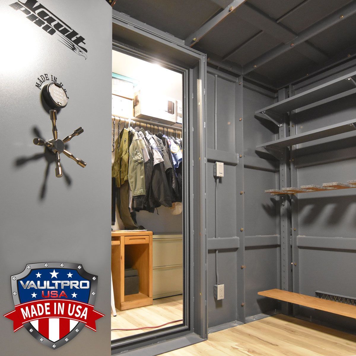Walk in vault and shelter safe room in a closet. Modular design allows installation nearly anywhere.