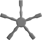 Gray six-armed hub or fan-like shape on a white background