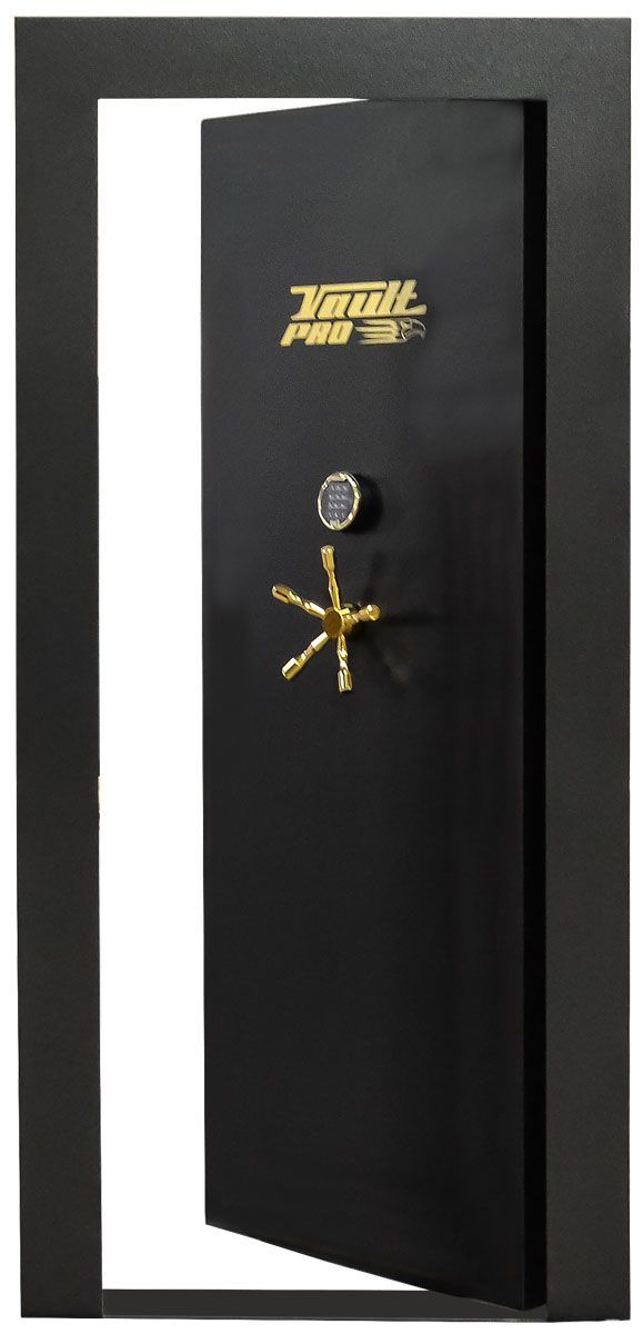 Black safe door with gold handle and logo on a gray frame