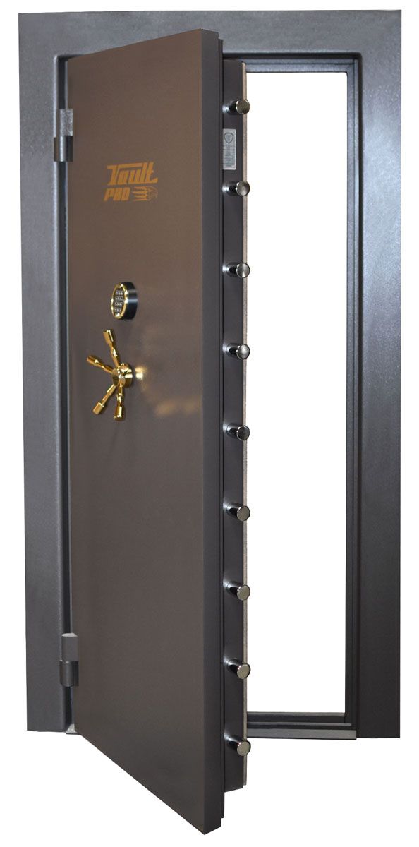 Open vault door with heavy steel frame and gold wheel handle, slightly ajar