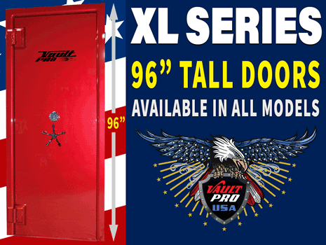Red tall door ad for XL Series, 96-inch tall doors available in all models, with Vault Pro USA logo