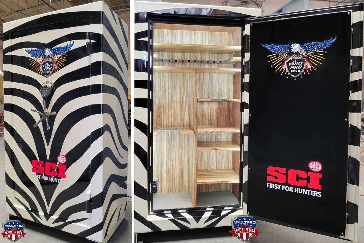 Zebra-striped security cabinet open to wooden shelving, with SCI logo on the doors.