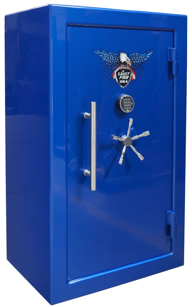 American made safe in premium dual stage Electric Blue gloss finish. Shown with pull handle. Made in USA by Vault Pro USA