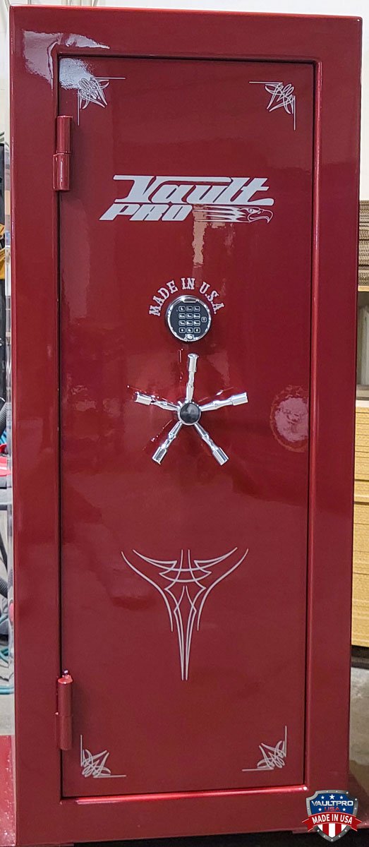 Safe with custom strawberry pearl gloss finish. Safes made in USA