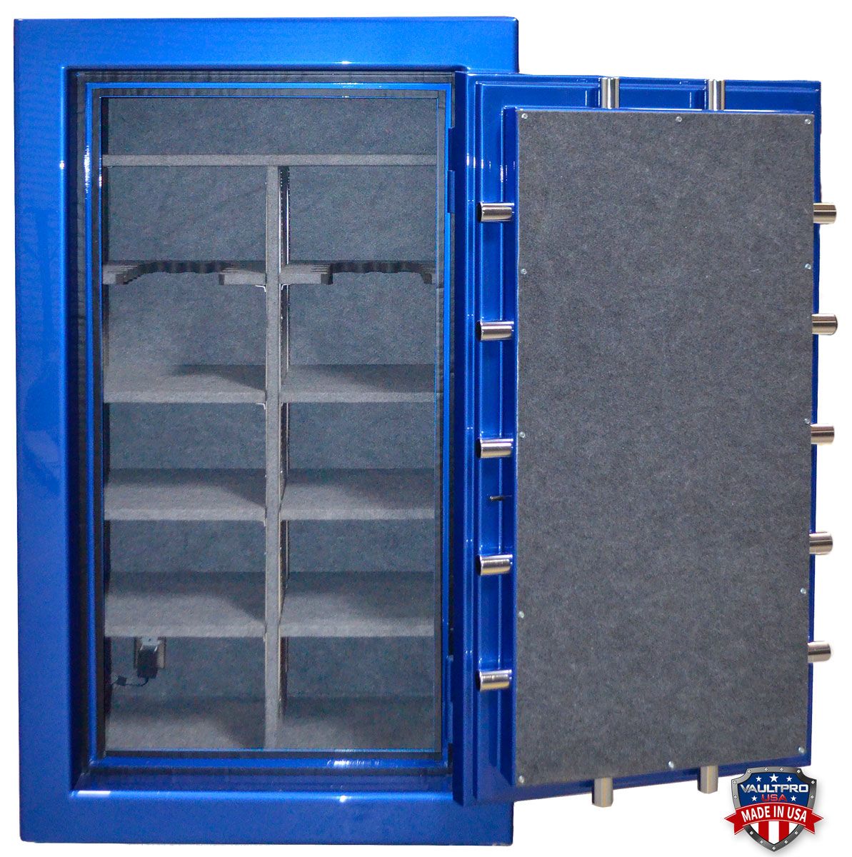 American made safe in premium dual stage Electric Blue gloss finish. Interior with LED lighting, gun racks and shelves. Made in USA by Vault Pro USA