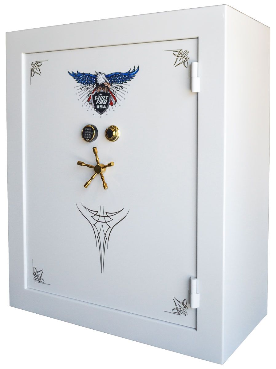 AE-760 Safe in Diamond White Gloss finish. Shown with optional dual locks. Dual locks can be digital and rotary dial or both with rotary dial.