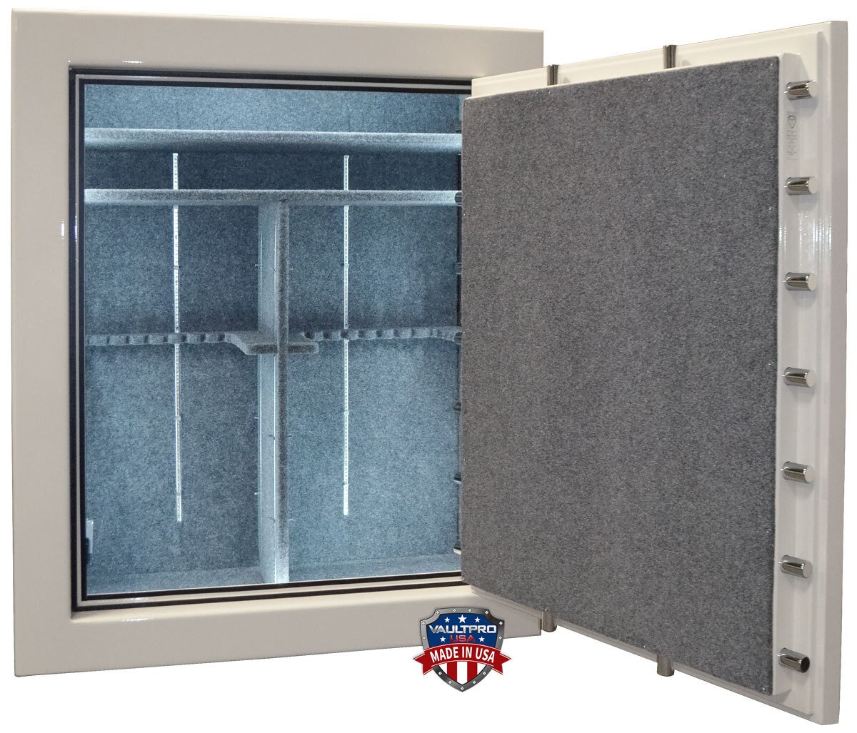 Large capacity gun safe interio for big gun collections. Made in the USA