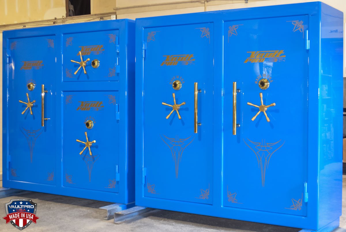 Custom Triple Door and Double Door Safes in Chevrolet blue finsh. Both safes built to American Eagle specifications. They feature automatic lighting, electrical and dehumidifier.