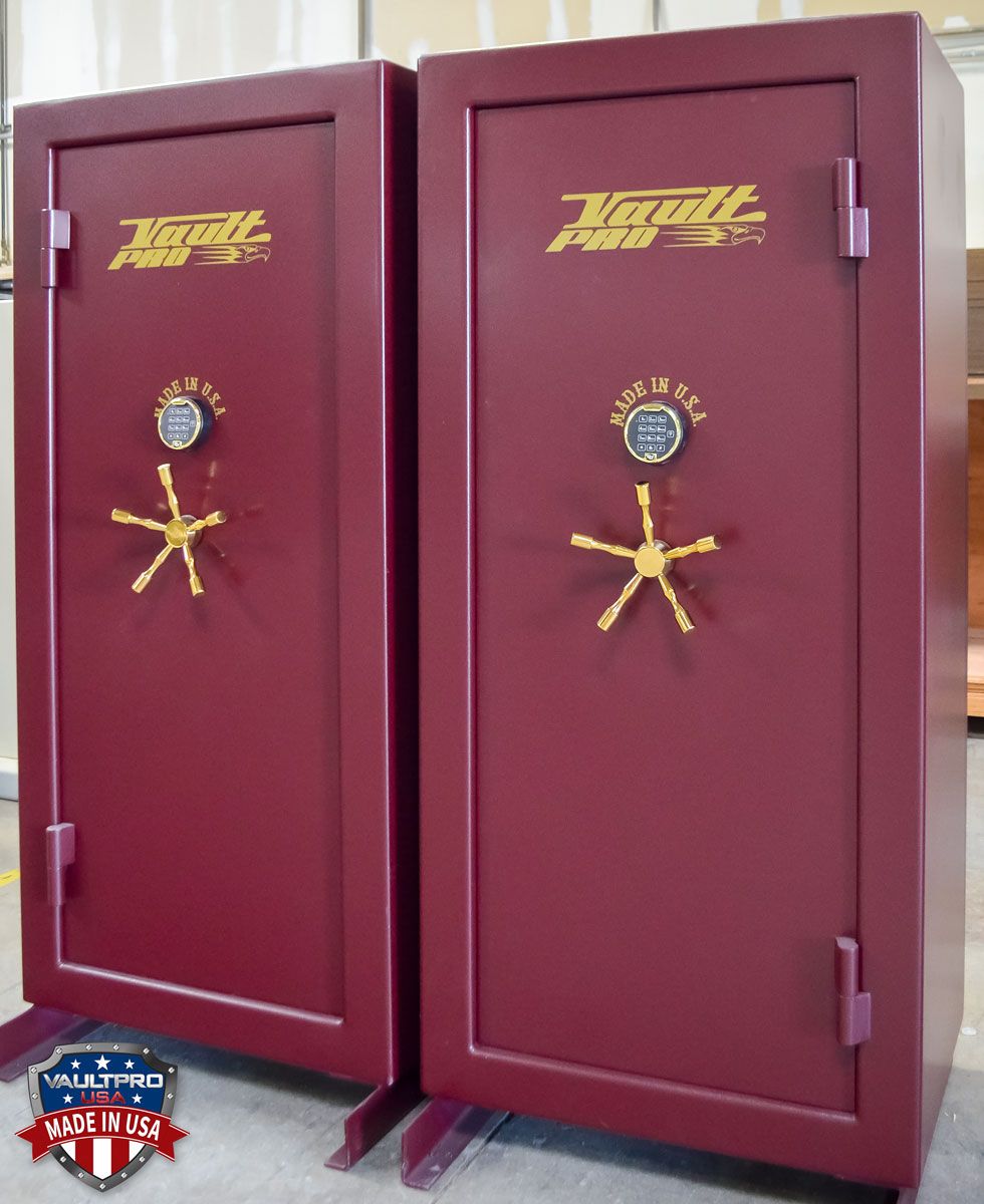 Twin bookend safes. One hinged on the left the other on the right to avoid contact with the doors. Made in the USA by Vault Pro.