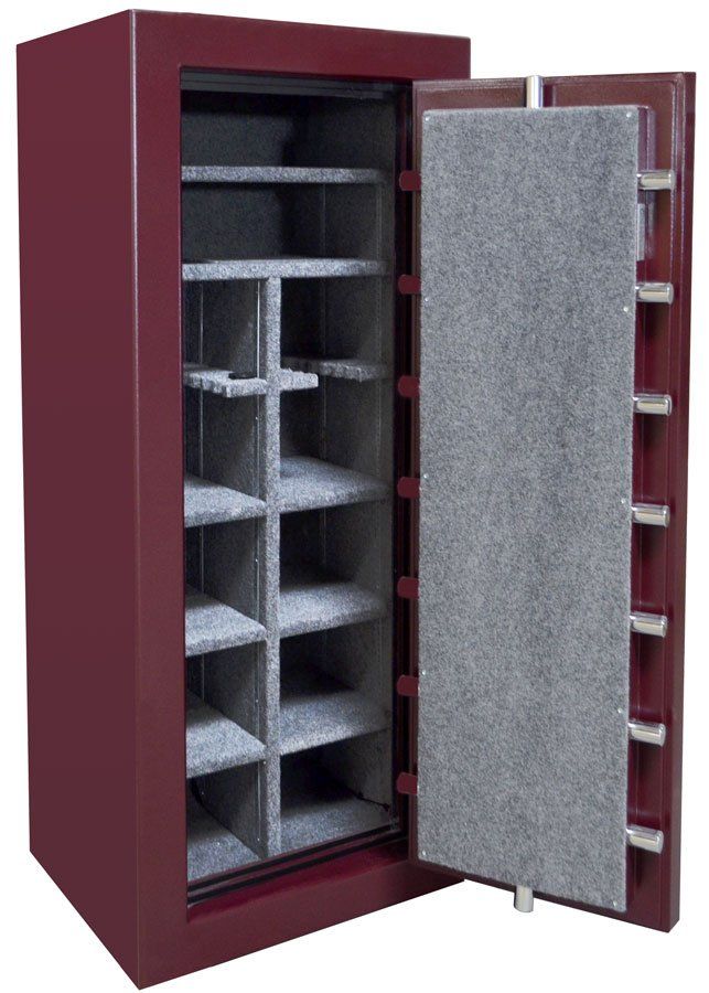 Open burgundy safe with gray interior shelves and an open insulated door.