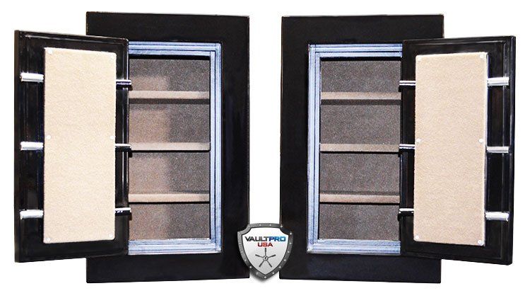Open black metal security windows with beige panels and gray bars on a white background