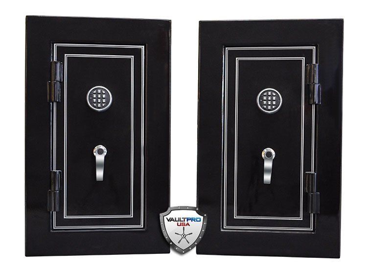Two black safes with combination dials and handles, side by side on a white background