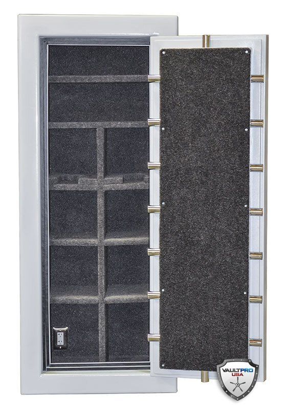 Open steel security door with reinforced frame and multiple locking bolts, shown partially open.