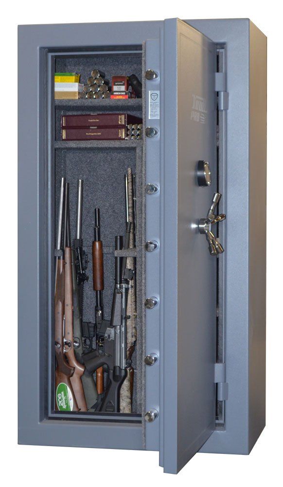 40-gun safe with plush safe interior, fully configurable. Left or right hand swing doors available.