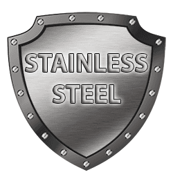 Silver shield emblem with the words “STAINLESS STEEL” engraved on it.