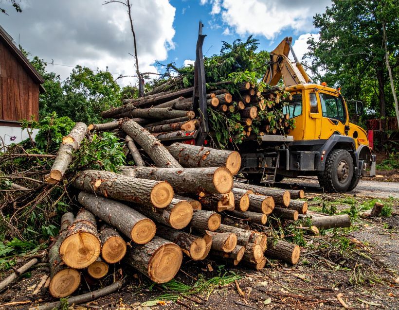 Yellow truck loading logs; cut wood pile on ground. Outdoor setting, cloudy sky.